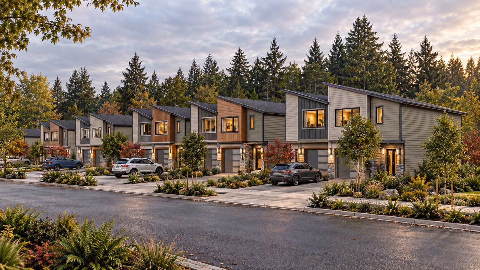 AI-generated architectural concept of a landscaped streetscape with contemporary townhomes, driveways and trees.