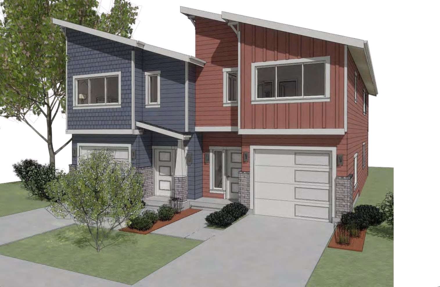 Architectural rendering of a Dauntless Townhomes duplex with two attached homes, contrasting blue and red siding, single-car garages, and front landscaping.
