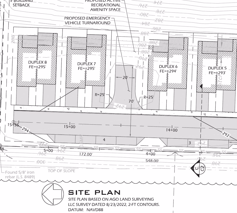 Detail from the approved site plan: duplexes 5 through 8 at the west end of the drive, with the emergency vehicle turnaround and the active recreational amenity space behind them.