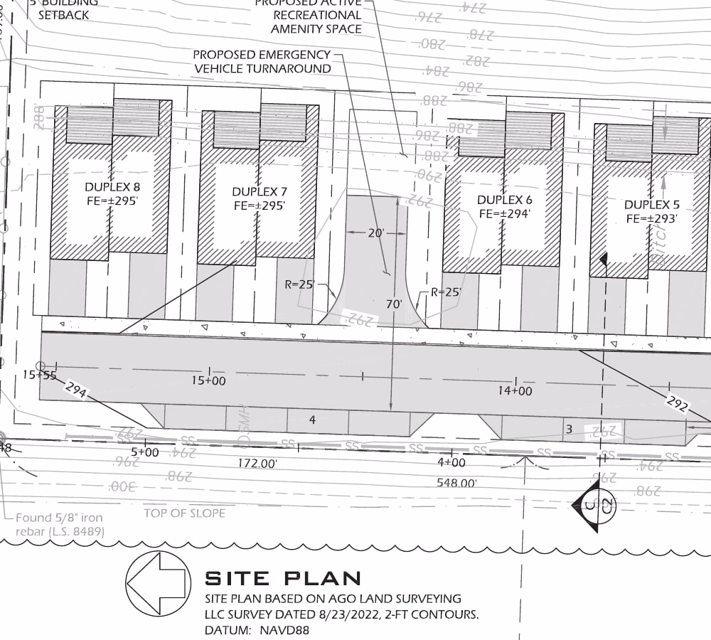 Crop of the seller-provided site plan showing four of the eight duplexes and the emergency vehicle turnaround.