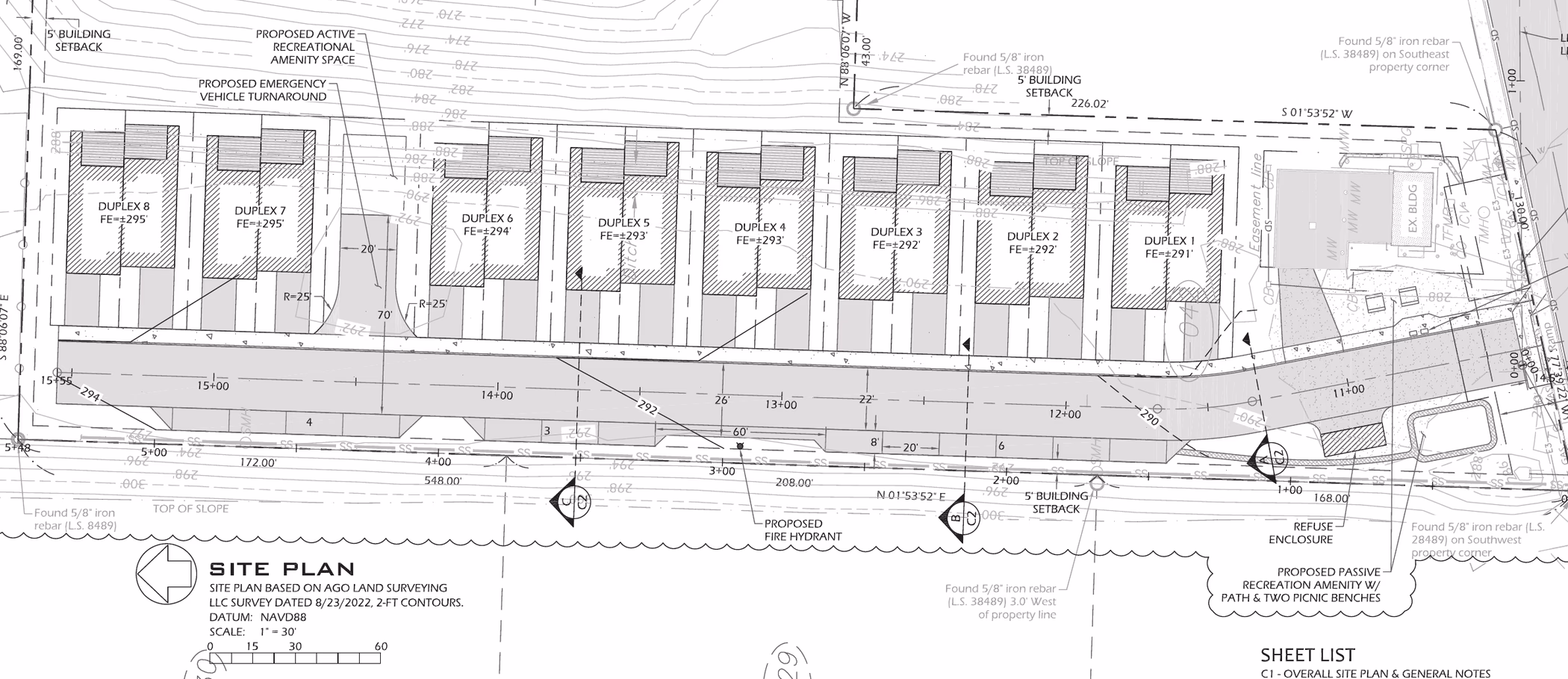 Preview of the seller-provided site plan showing eight duplexes along a private drive.